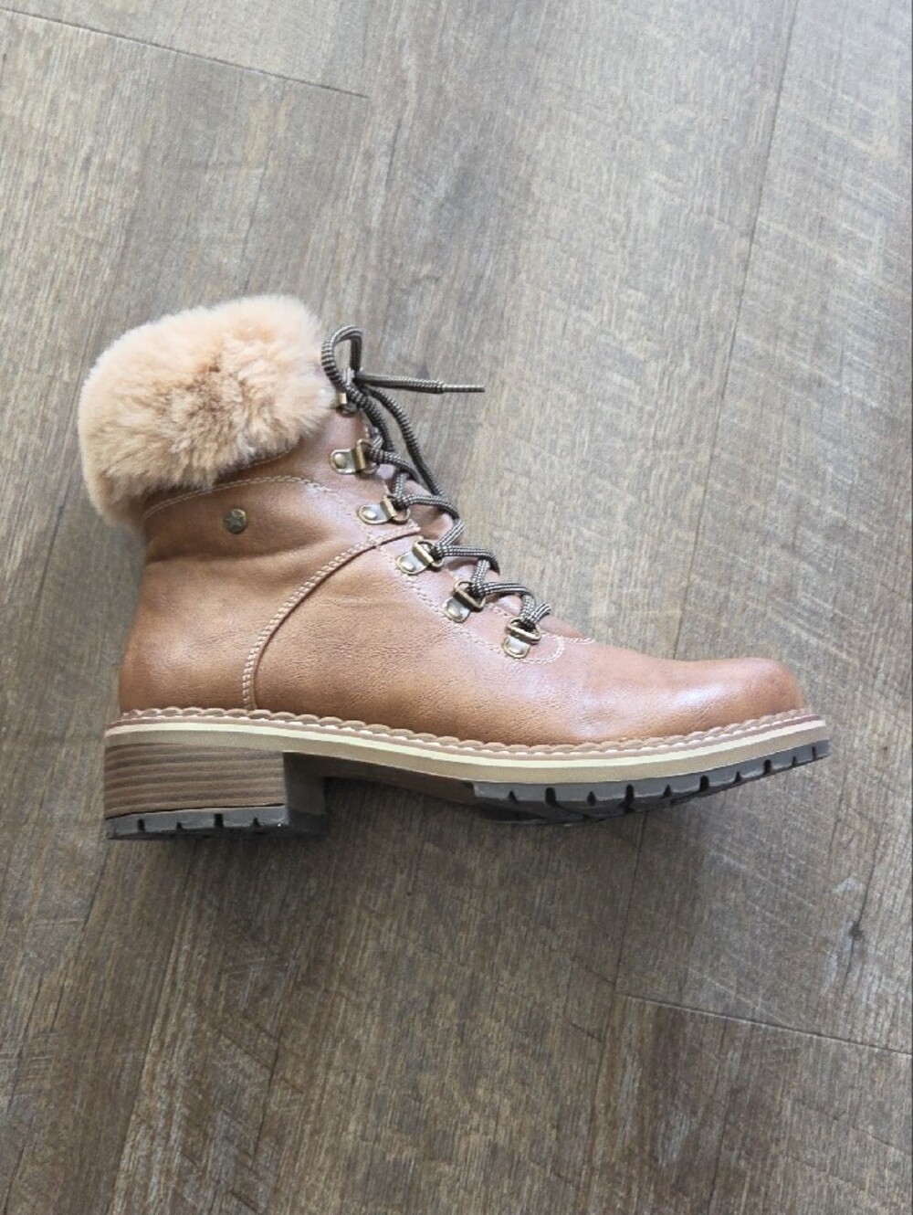 Women's Brown Lace-Up Faux Fur Trim Boots - Picture 6 of 9